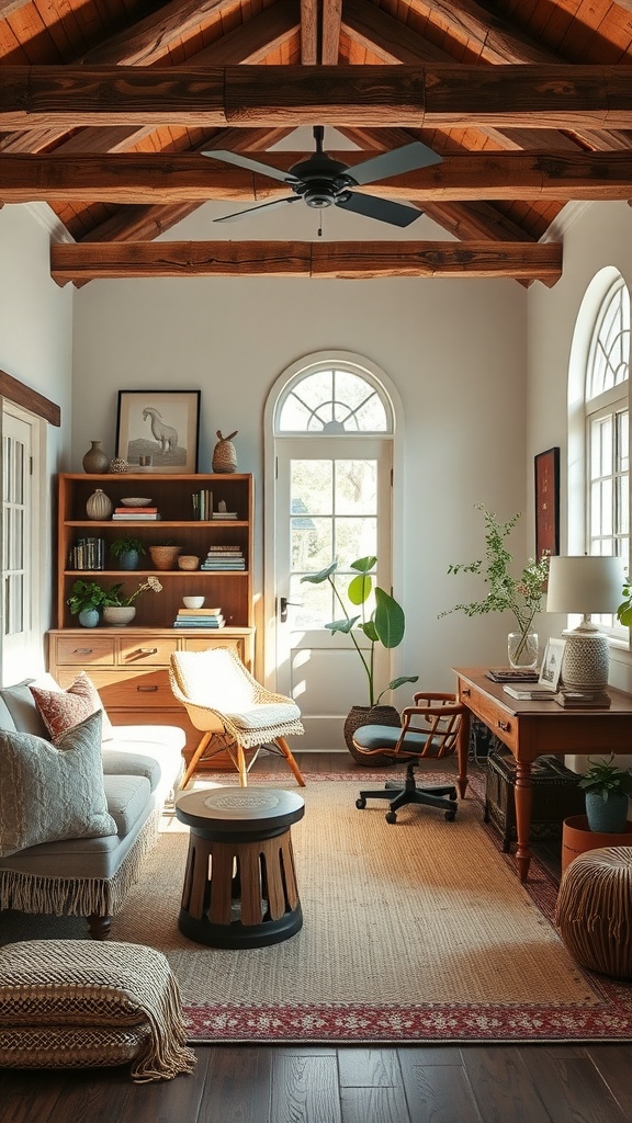 Cozy country farmhouse home office with wooden beams, natural light, and plants.