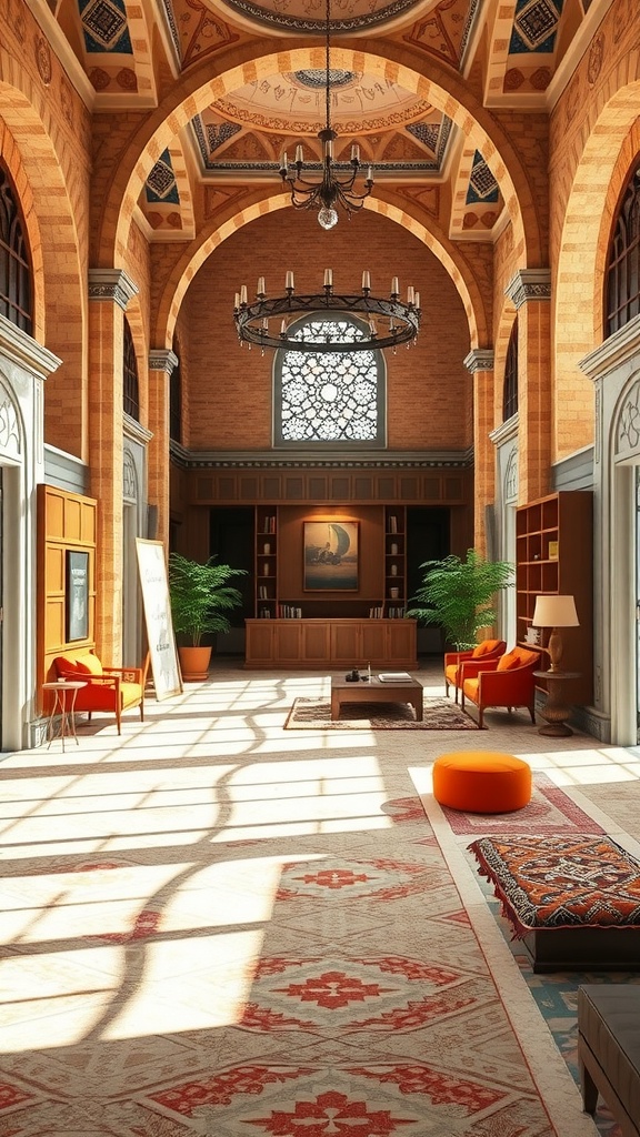 Interior of a spacious room with high ceilings, large windows, and warm colors, featuring a modern home office layout.