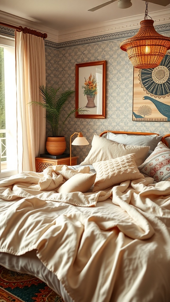 A cozy summer bedroom featuring soft blankets, pillows, and a warm color palette.