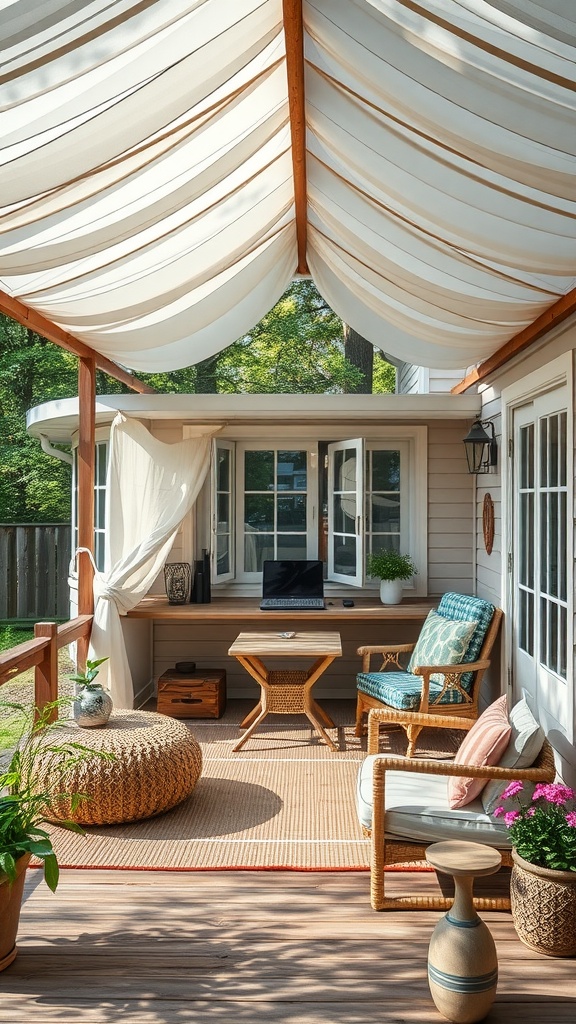A cozy outdoor workspace with a canopy, featuring a desk, chair, and decorative plants.