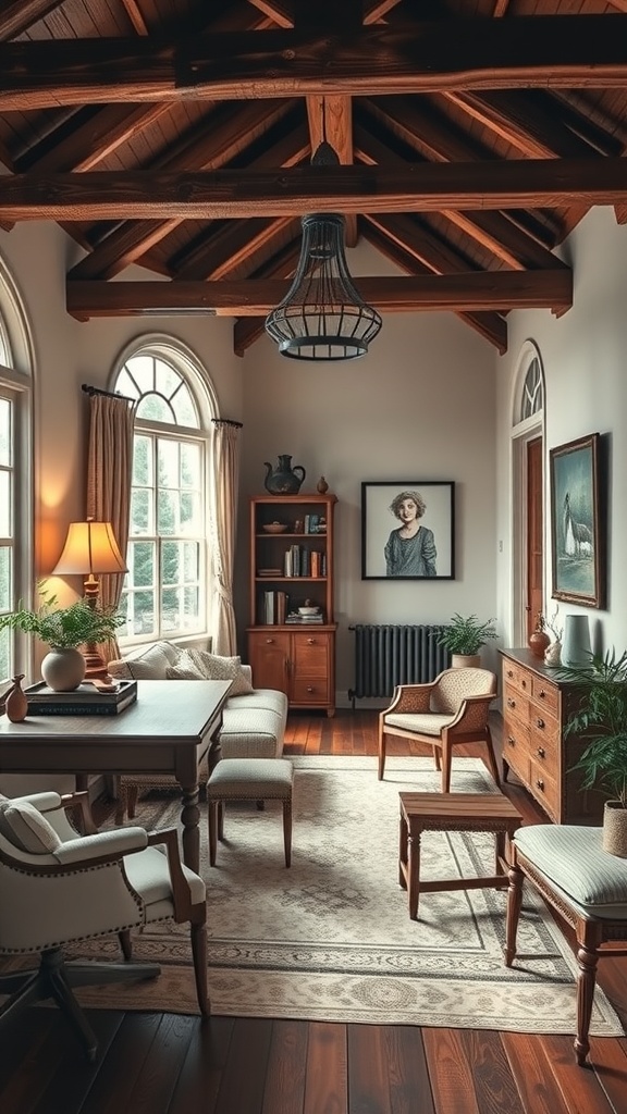 A cozy home office with wooden beams, large windows, and comfortable furniture, creating a warm and inviting atmosphere.