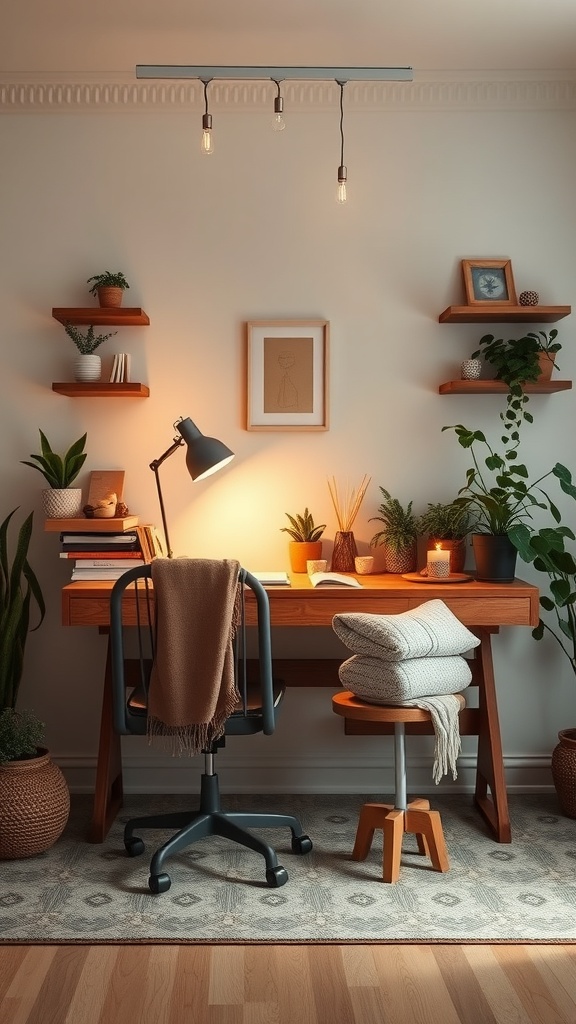A cozy hygge-inspired office with a wooden desk, plants, and warm lighting.
