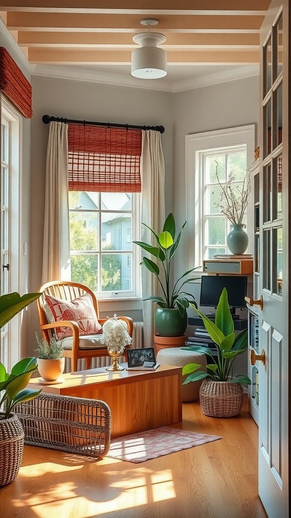 A cozy reading nook in a home office with a wooden chair, plants, and natural light.