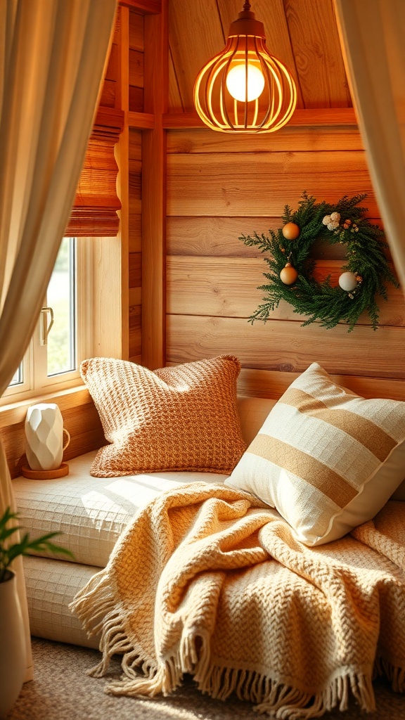 A cozy reading nook with a comfortable sofa, colorful cushions, and a stack of books, creating a relaxing corner for reading.