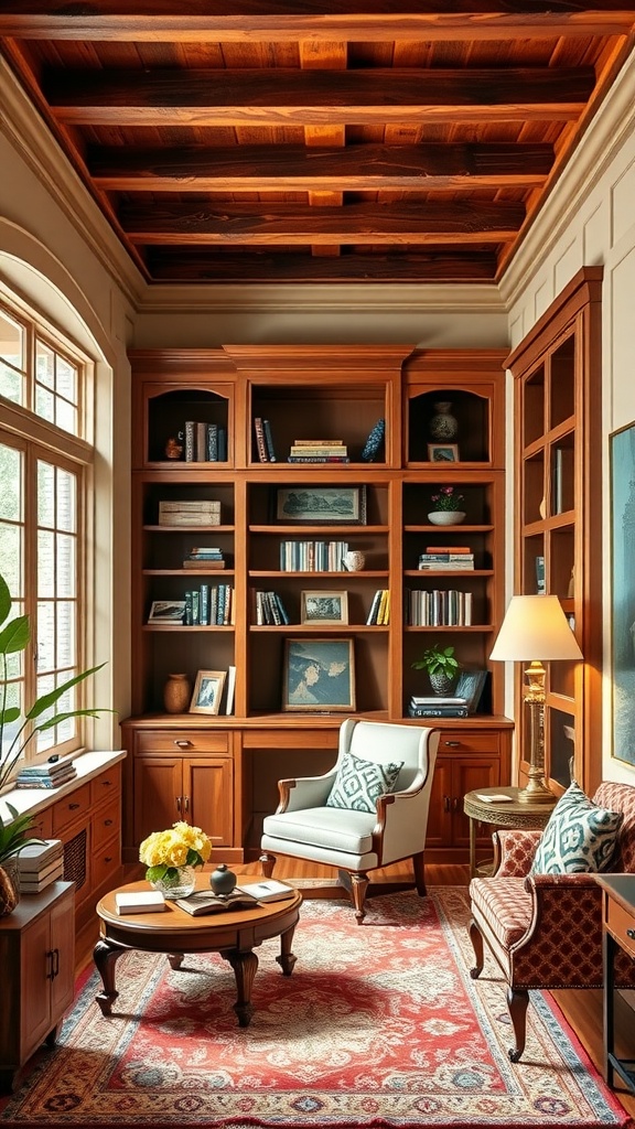 A cozy home office featuring Craftsman style with wooden beams, bookshelves, and comfortable seating.