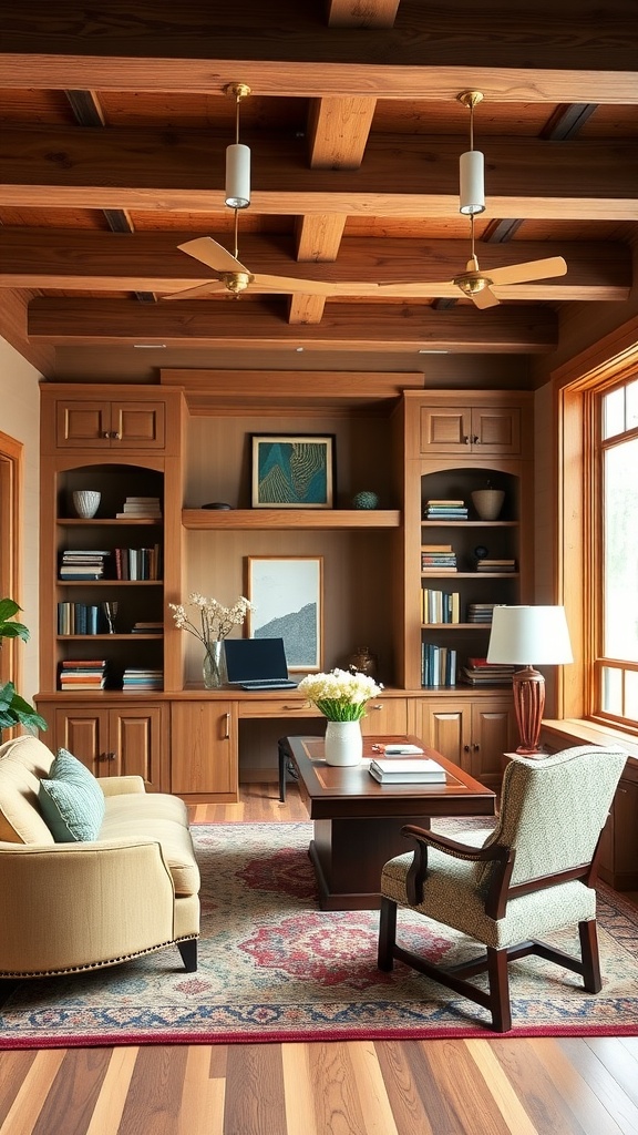 A cozy home office with wooden beams, built-in shelves, and comfortable seating.