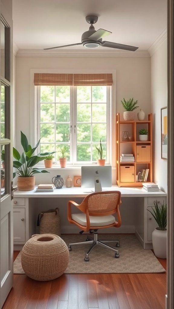 A bright home office with large windows, plants, and a cozy chair