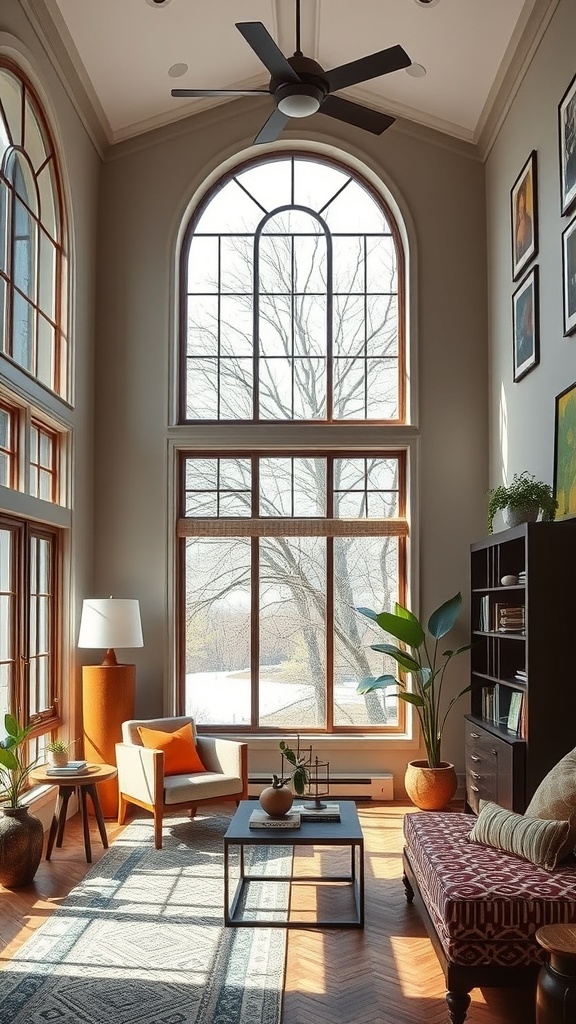 A cozy reading nook in a double height living room with large windows, a comfortable chair, and plants.