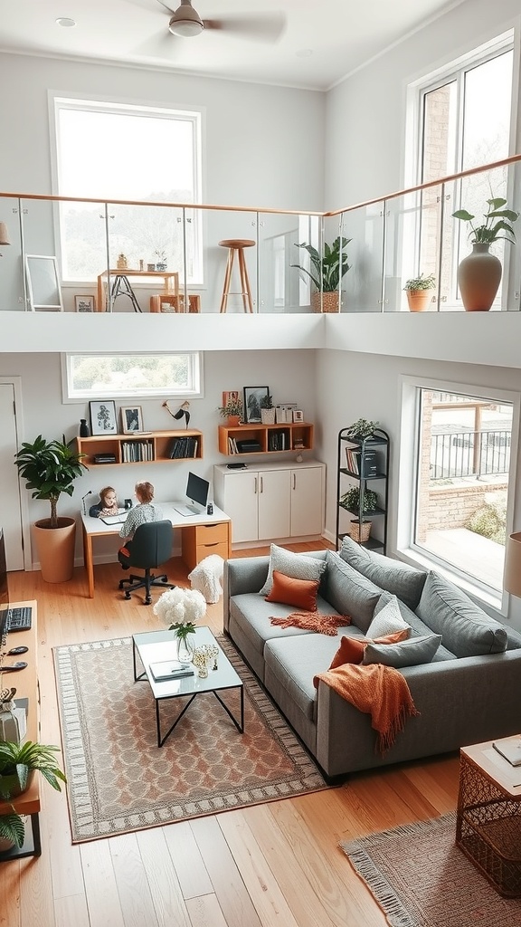 A bright double height living room with a home office setup, featuring a desk, computer, and comfortable seating.