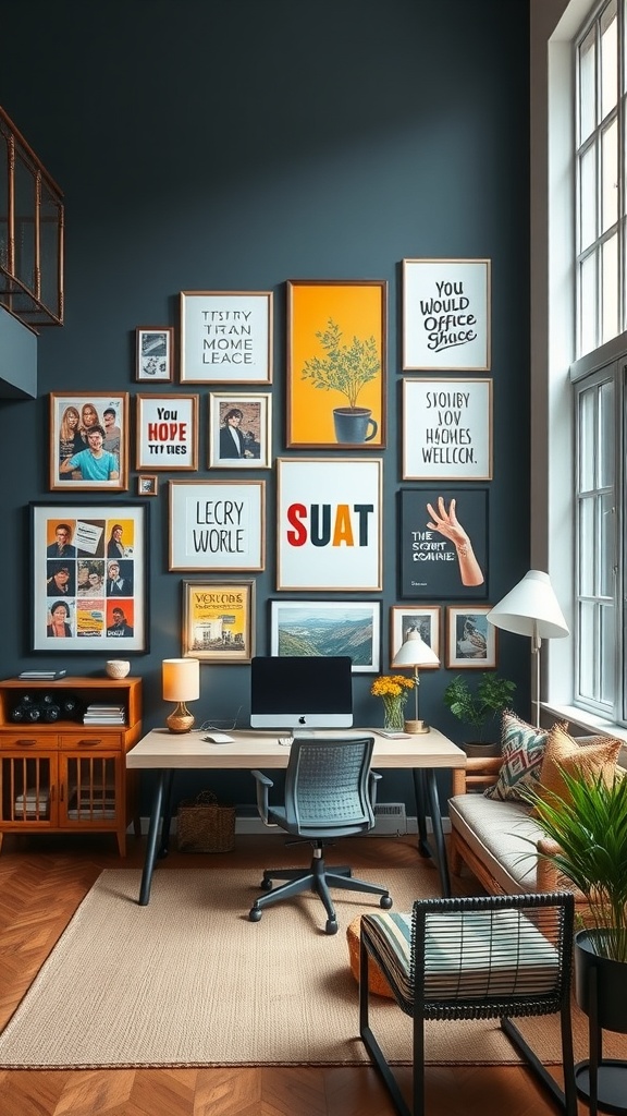 A stylish gallery wall in a home office with various framed artworks and motivational quotes.