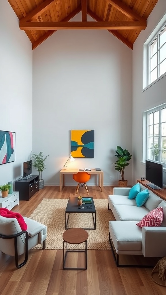 A minimalist workspace in a double height living room featuring a desk, orange chair, and decorative elements.