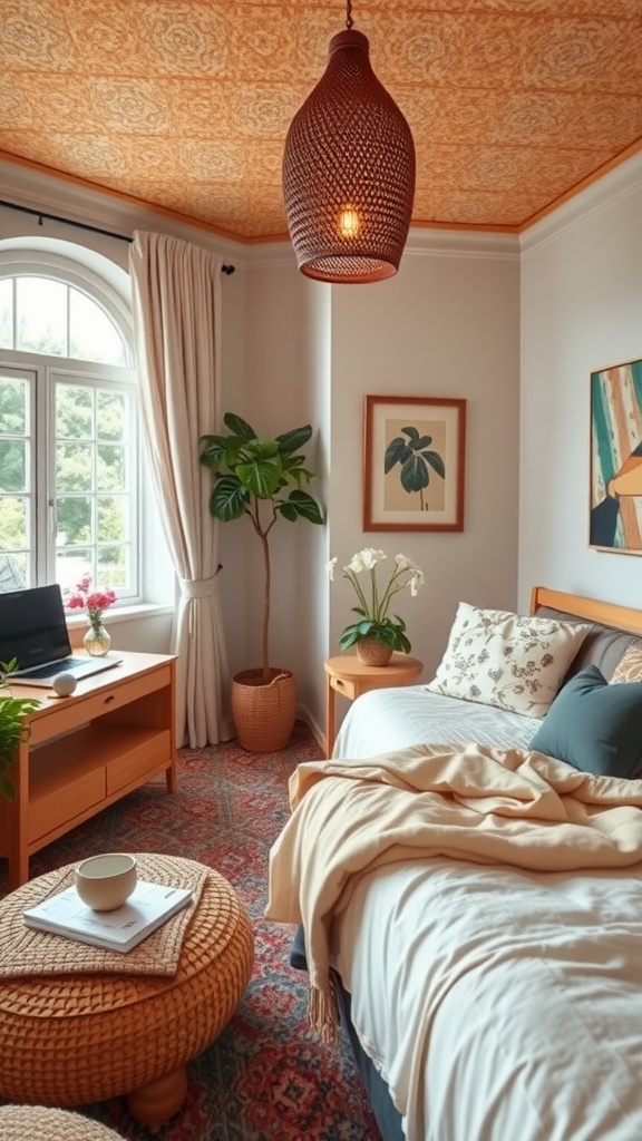 A cozy summer bedroom with a workspace, featuring warm tones, natural materials, and beachy decor.
