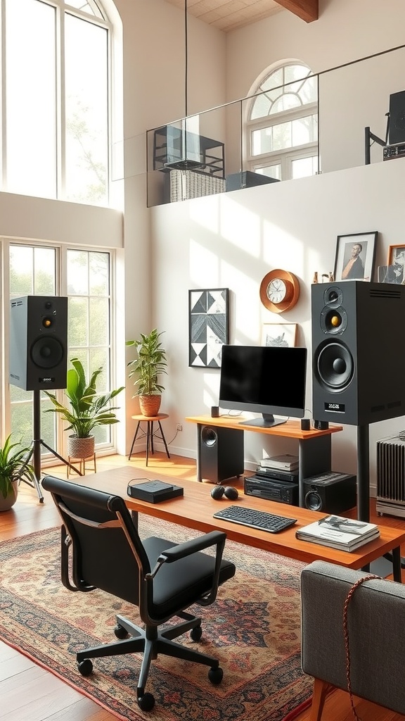 A stylish home office in a double height living room with a computer setup, speakers, and vibrant decor.