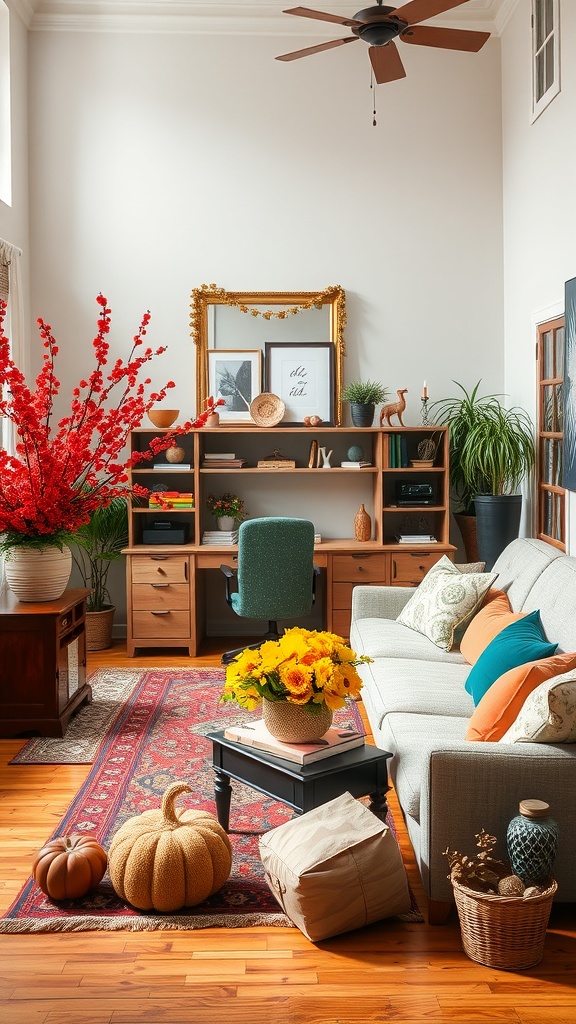 A cozy double height living room with seasonal decor, featuring red branches, pumpkins, and a comfortable sofa.