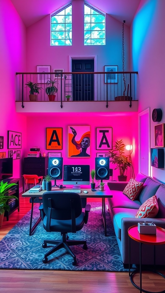 A vibrant home office setup in a double height living room, featuring a desk with a computer, speakers, and colorful lighting.