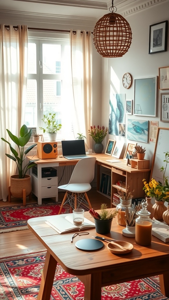 A bright home office with a crafting area, featuring a desk, plants, and cozy decor.
