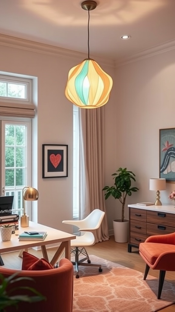 A stylish home office featuring a colorful pendant light, modern furniture, and a cozy atmosphere.