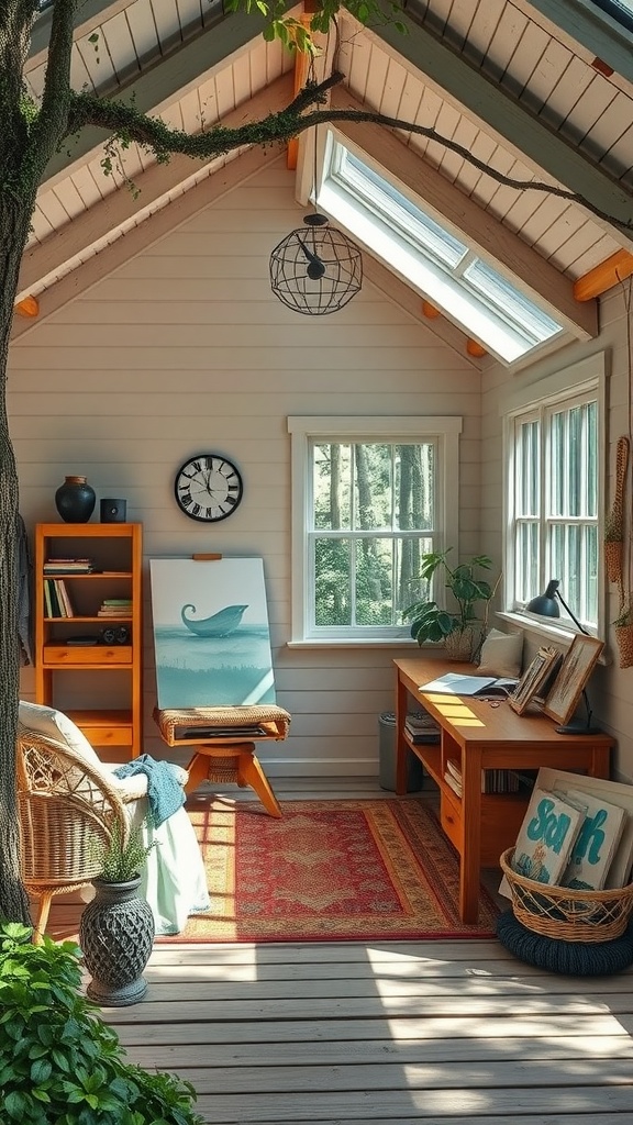 A cozy outdoor studio with a wooden desk, comfortable chair, and large windows, featuring a tree branch inside.