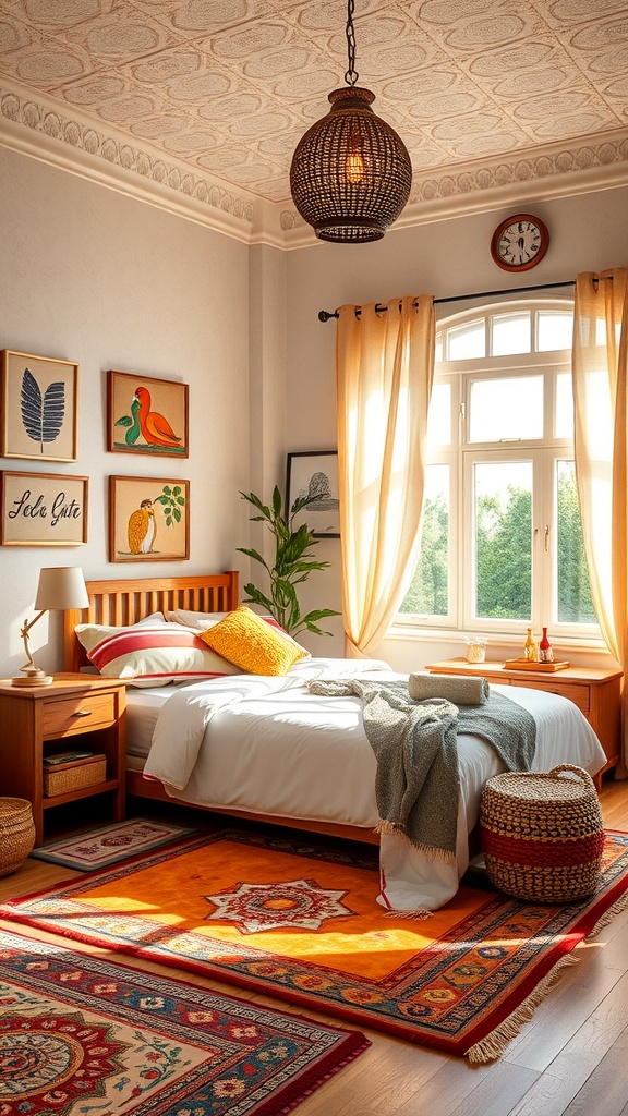 A cozy summer bedroom with wooden furniture, warm lighting, and colorful decor.