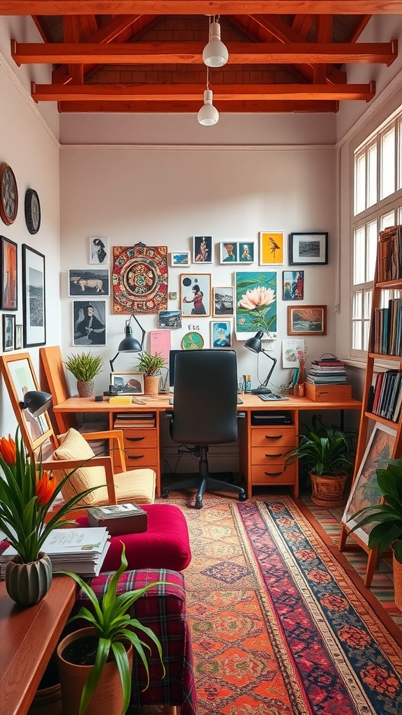 A cozy home office with wooden beams, artwork on the walls, and plants, showcasing a creative studio design.