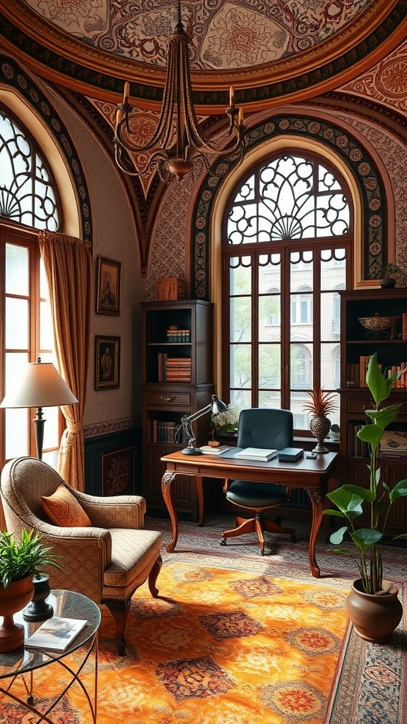 A beautifully designed home office featuring art nouveau architecture with intricate ceiling details, elegant windows, and a cozy seating area.