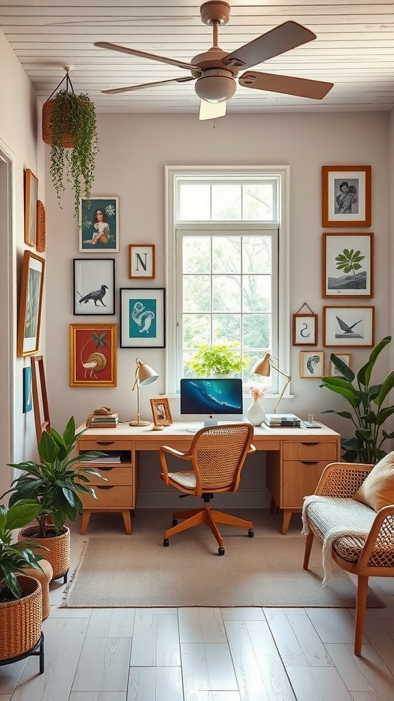 A cozy home office with a wooden desk, plants, and a creative wall art display featuring various framed artworks.