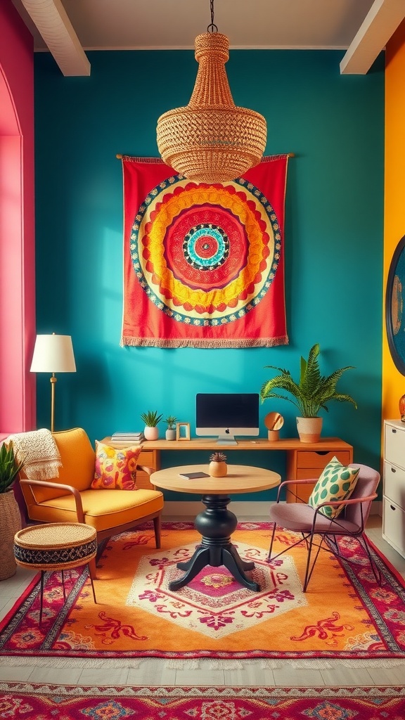 A vibrant boho office with colorful walls, stylish furniture, and a creative atmosphere.