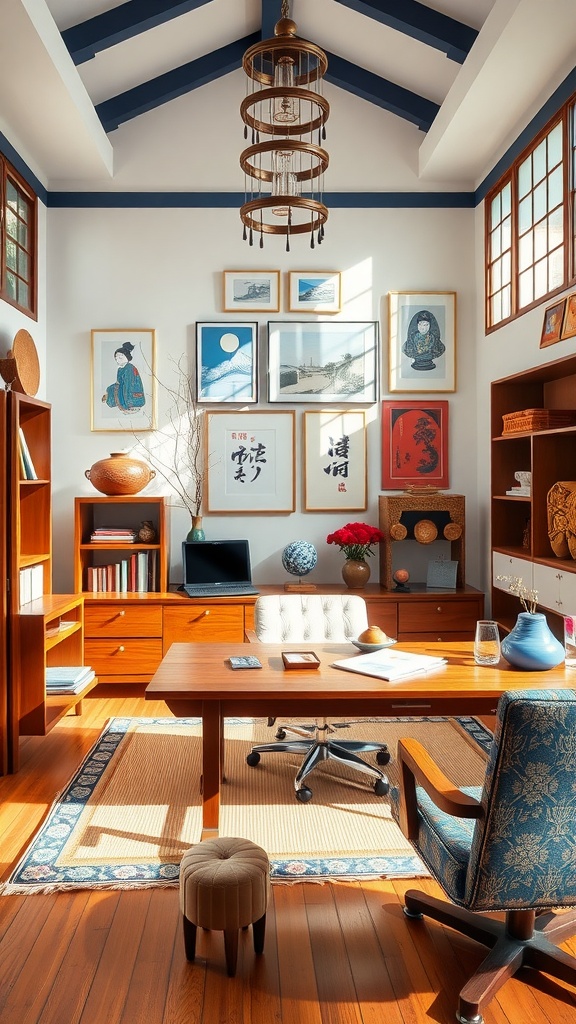 A cozy home office with Japanese-style decor, featuring cultural artifacts and traditional art on the walls.