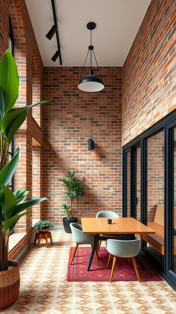 A rustic home office featuring red brick walls, elegant arches, and modern furnishings.