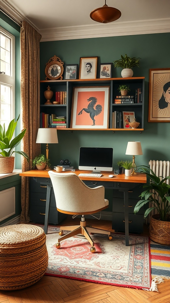 A cozy home office with natural decor and plants, showcasing organic architecture styles.