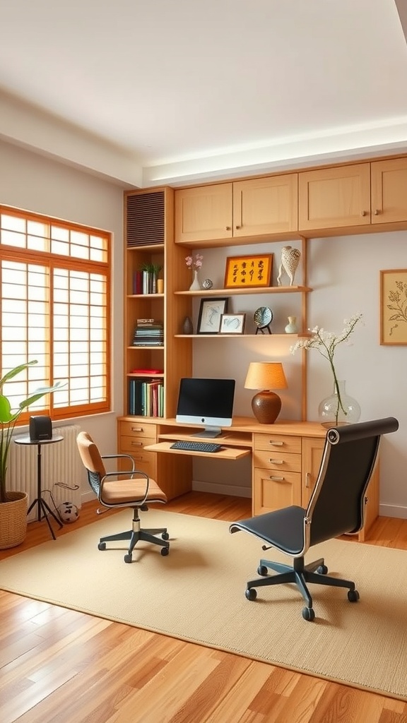 A cozy home office featuring wooden furniture, a large window, and a modern aesthetic.
