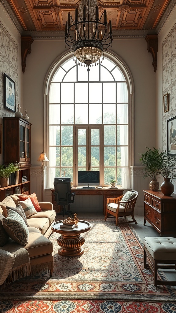 A beautifully designed home office featuring an arched window, elegant ceiling, and a mix of old and modern furniture.