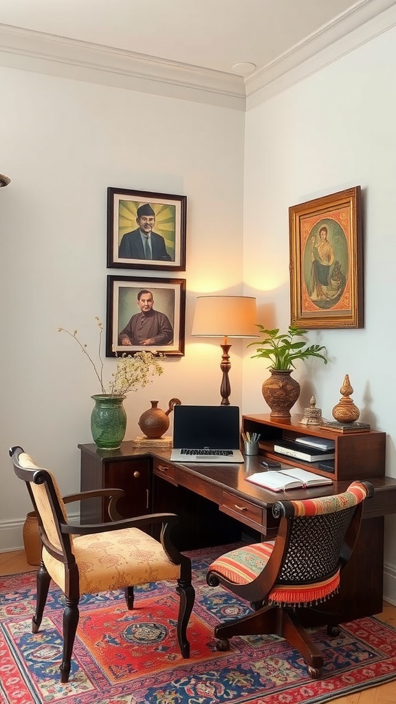 A beautifully designed home office featuring Indian architectural elements, with an ornate ceiling, traditional furniture, and vibrant textiles.
