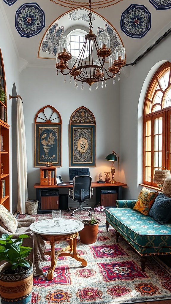 A cozy home office featuring mosque-inspired architecture with intricate ceiling designs, a chandelier, and vibrant decor.