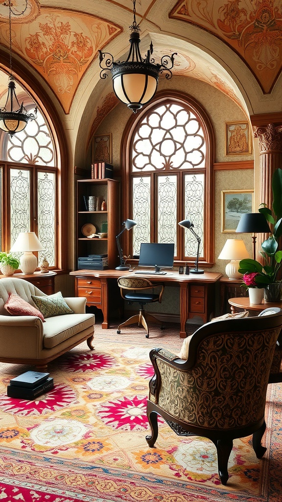 A beautifully designed home office featuring curved furniture, ornate details, and art nouveau architecture.