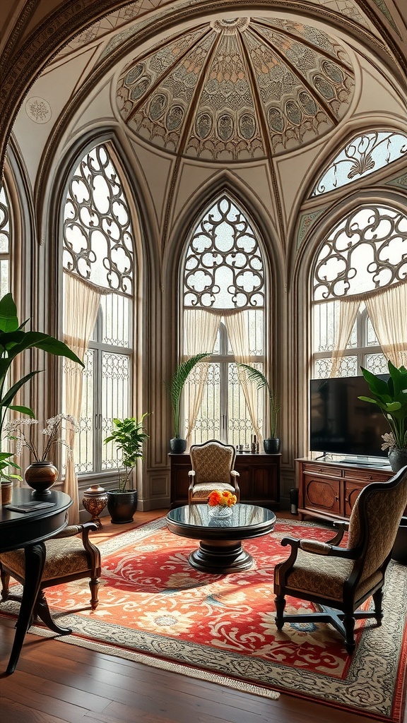 An elegant art nouveau room with arched windows, intricate designs, and stylish furniture, creating a warm home office atmosphere.