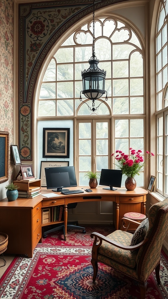 A cozy home office featuring large windows, a curved desk with two monitors, a comfortable chair, and art nouveau decor.