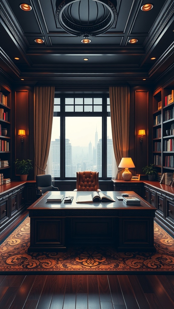 A dark wood executive office featuring a large desk, leather chair, bookshelves, and city view.