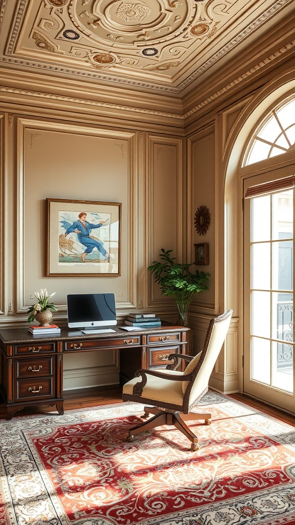A beautifully designed home office featuring ornate moldings and trim in art nouveau style.