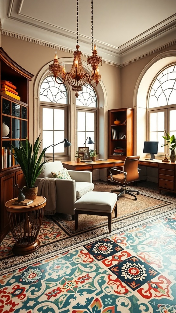 A stylish home office featuring decorative tile work on the floor, wooden furniture, and elegant lighting.