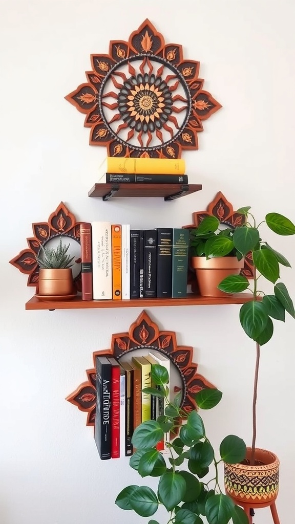 Decorative wooden wall shelves with plants and books in a cozy office setting.