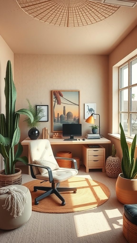 A cozy home office with natural light, plants, and organic decor, evoking a desert oasis feel.