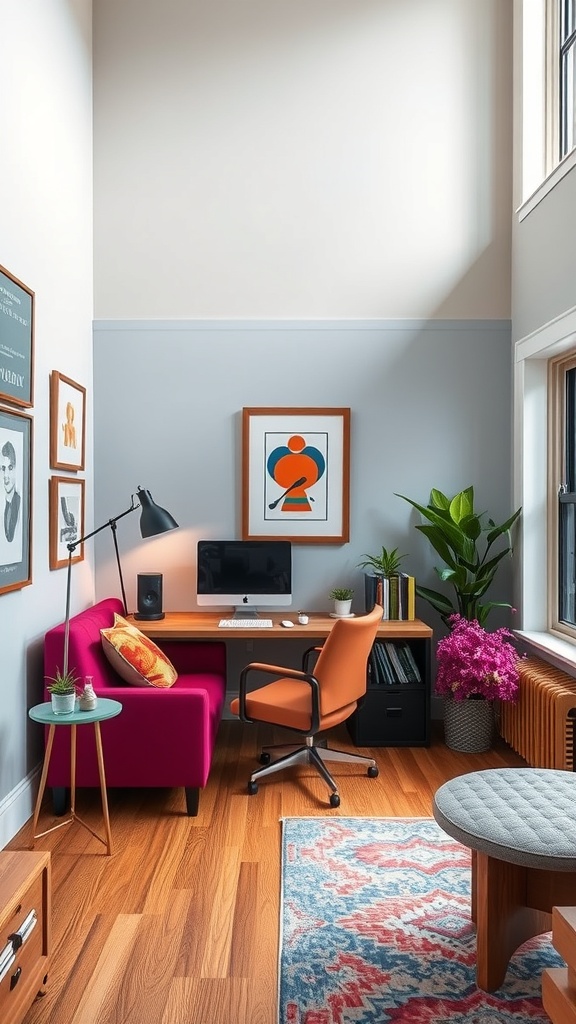 Compact corner office in a double height living room with colorful decor and a modern desk setup.