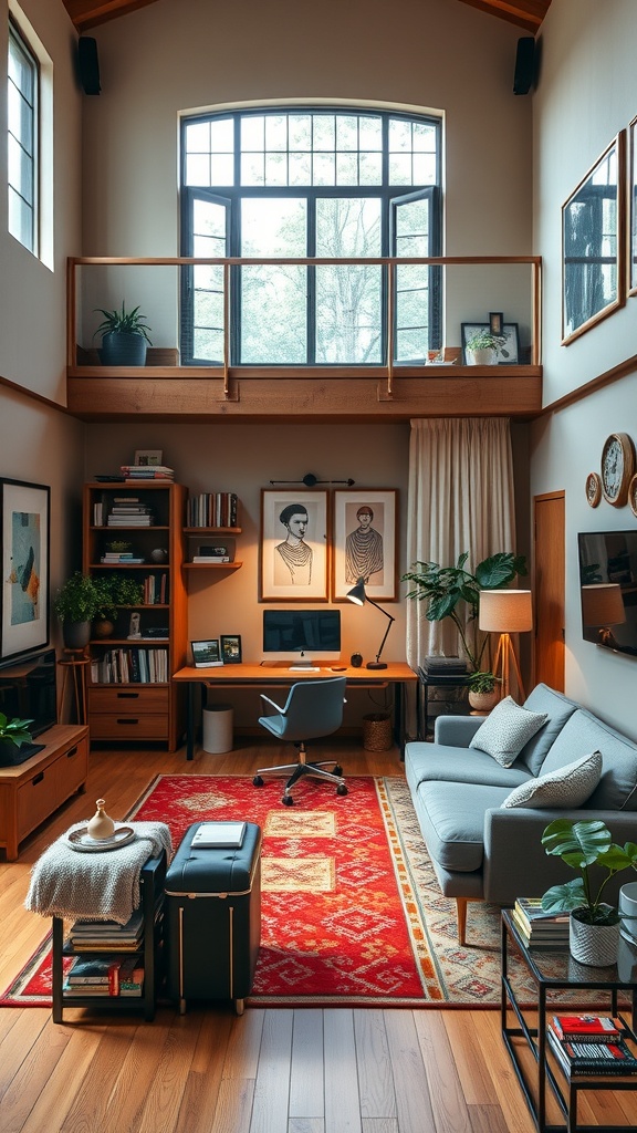 A stylish home office setup in a double height living room with a desk, chair, and decorative elements.