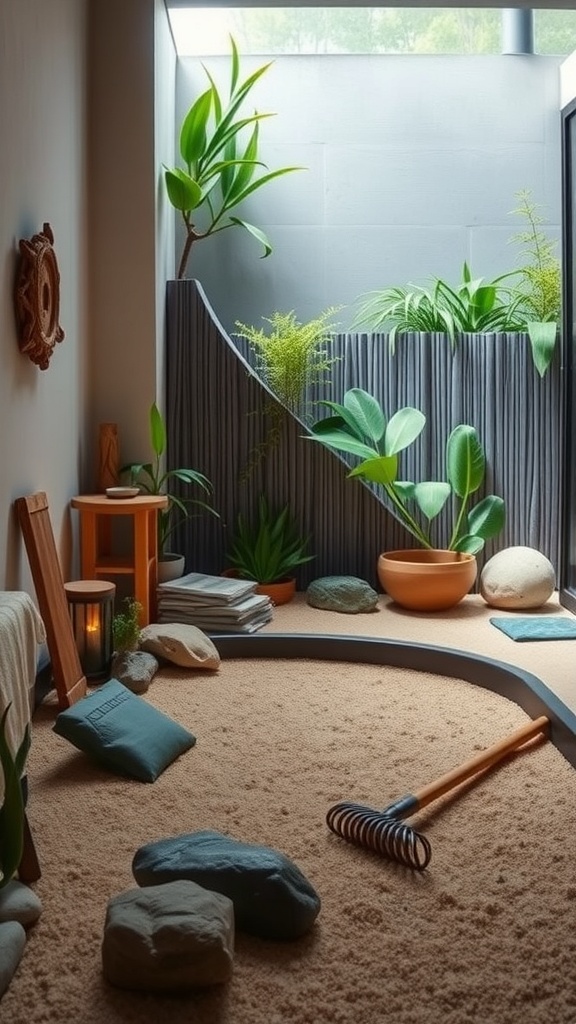 A serene zen garden with sand, rocks, and plants, designed for meditation.
