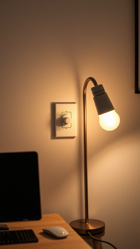 A modern home office with dimmable lighting features, including a pendant light and desk lamp.