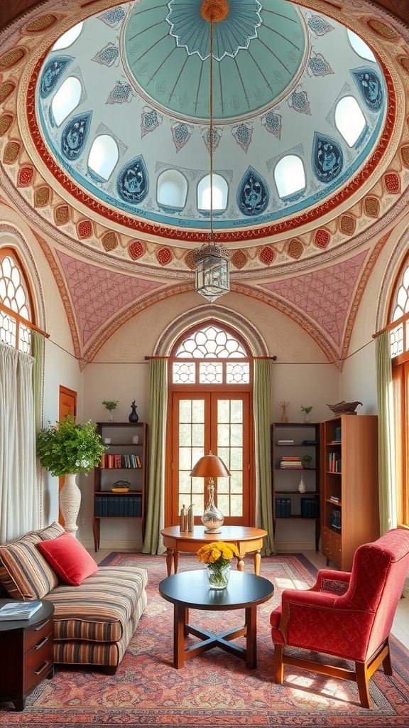 A stylish home office featuring a dome ceiling with intricate designs and modern furniture.
