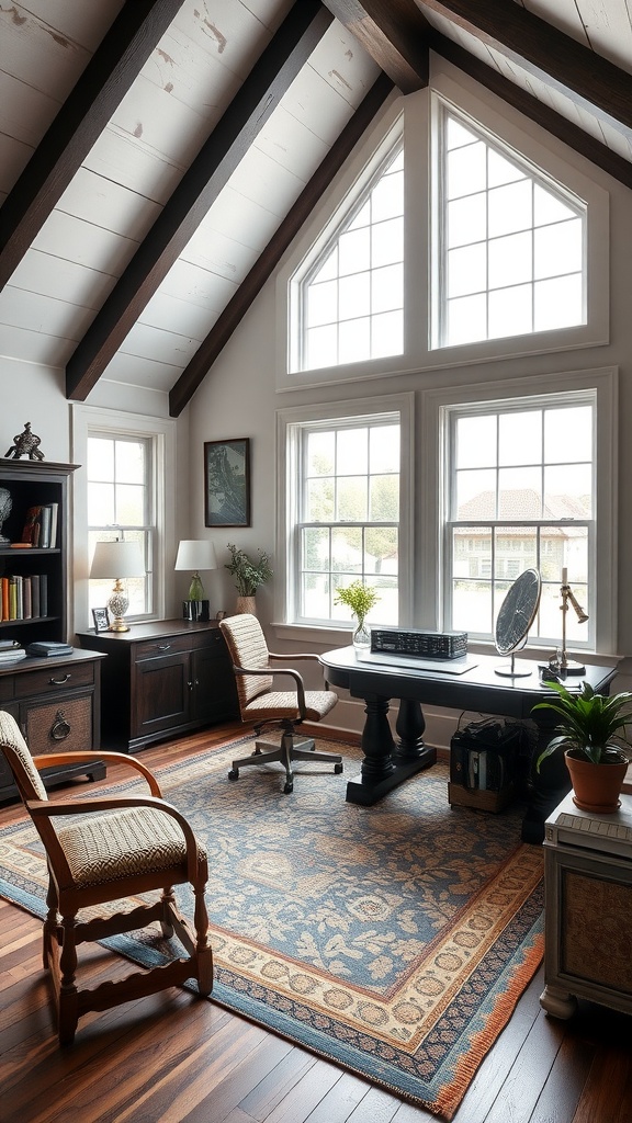 A bright Dutch Colonial home office with high ceilings, large windows, wooden furniture, and a cozy rug.
