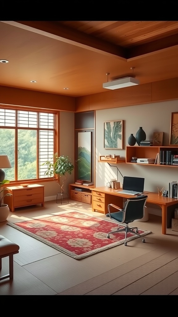 A beautifully designed home office featuring Japanese architecture elements, warm wood tones, and natural light.
