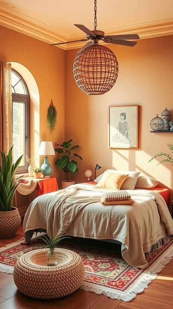 Cozy summer bedroom with earthy color palette, plants, and woven decor.